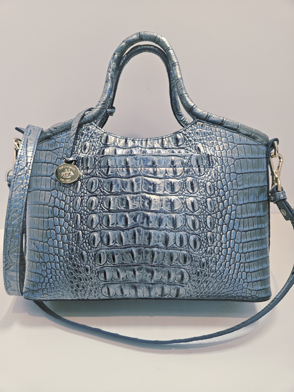 NWOT Brahmin Duxbury Satchel Blue Metallic Croc Embossed Leather Handbag + Strap - Picture 2 of 16